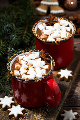 cozy winter drink hot chocolate, top view vertical