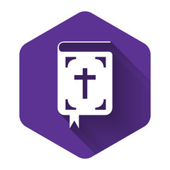 White Bible book icon isolated with long shadow. Holy Bible book sign. Purple hexagon button. Vector Illustration