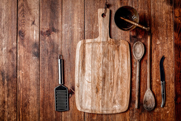 Flat photo of wooden desk and kitchen background 