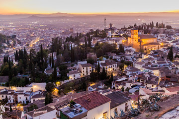 Aerial view of Granada with Salvador church during the sunset, Spain.