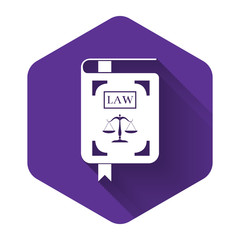 White Law book statute book with scales of justice icon isolated with long shadow. Purple hexagon button. Vector Illustration