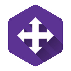 Obraz premium White Arrows in four directions icon isolated with long shadow. Purple hexagon button. Vector Illustration