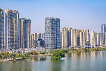 Fototapeta na wymiar Meixi Lake City Island Viewing Platform and Construction of Intensive Real Estate in Changsha City, Hunan Province, China