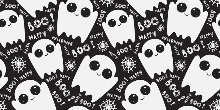 Seamless pattern with cute little cartoon ghosts on black background. Halloween boo funny symbols flying above the ground. Vector hand-drawn illustration. 