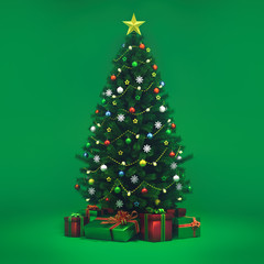 Obraz na płótnie Canvas Decorated xmas tree isolated on green, general front view, christmas holiday 3D illustration background 