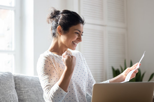 Happy Indian Woman Reading Good News In Letter, Notification