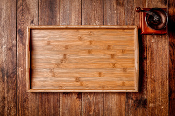 Flat photo of wooden desk and kitchen background 