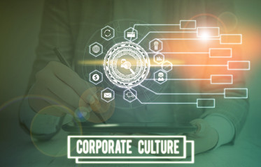 Text sign showing Corporate Culture. Business photo text pervasive values and attitudes that characterize a company Picture photo system network scheme modern technology smart device