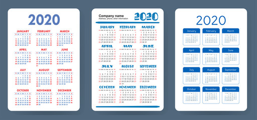 Calendar 2020. Color vector set. Pocket calender collection. Week starts on Sunday. Basic grid template for print