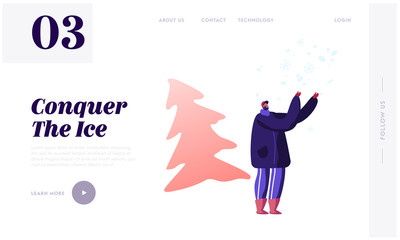 Happy Man Standing Under Falling Snow Enjoying Winter Season Vacation Website Landing Page. Character Fooling and Playing on Snowy Landscape Background Web Page Banner Cartoon Flat Vector Illustration