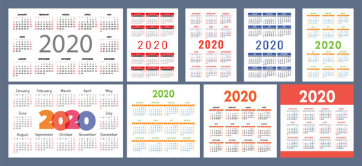 Calendar 2020 template. Calender design set. Vector square, horizontal and vertical layout. Colorful English collection. Week starts on Sunday