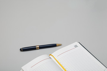 Opened daily organizer calendar with blue pan on the grey background