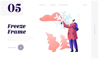 Christmas and New Year Holidays Fun Website Landing Page. Happy Girl with Backpack Holding Huge Snowflake in Hands Playing on Street at Wintertime Web Page Banner. Cartoon Flat Vector Illustration