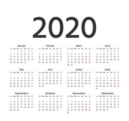 French Calendar 2020 year. Vector. Week starts Monday. France calender template. Yearly stationery organizer in minimal design. Horizontal landscape orientation.