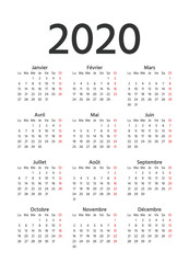 2020 French Calendar. Vector. Week starts Monday. 2020 year France calender template. Yearly stationery organizer in minimal design. Vertical portrait orientation.