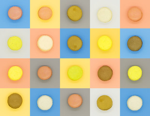 collage of assorted macaroons on various colored background	