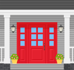 Front door house. Vector. Home porch with red door, lanterns, stairs and plants. Gray facade. Building entrance, doorstep. Modern outside architecture in flat design. Cartoon illustration