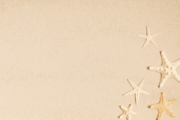 Starfish on sea sand. Texture of light sand. Concept of beach holiday. Summer concept. Flat lay, top view, copy space