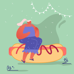 Woman Characters with Fastfood, Hot Dog with Mustard. Concept People Eating Street Fast Food Cafe Meal. Cartoon Flat