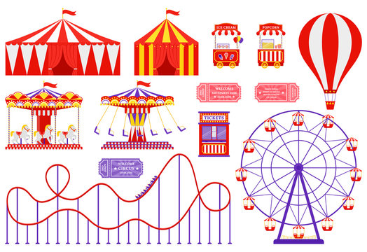 Amusement park, circus, carnival fair theme. Vector. Set with Ferris wheel, tent, carousel, roller coaster, air balloon. Icons isolated on white background. Attraction at daytime. Cartoon illustration