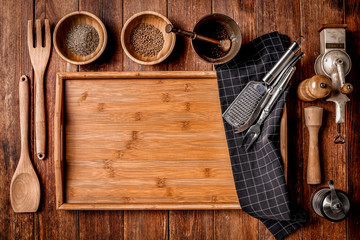 Flat photo of wooden desk and kitchen background 