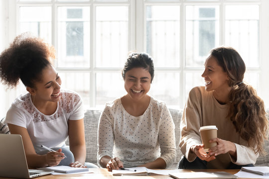 Happy Diverse Girls Having Fun, Studying Together At Home