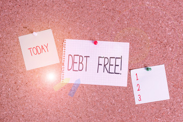 Conceptual hand writing showing Debt Free. Concept meaning does not owning any money or things to...