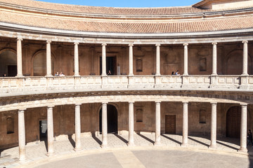 GRANADA, SPAIN - NOVEMBER 2, 2017: Courtyard of Carlos V palace at Alhambra in Granada, Spain