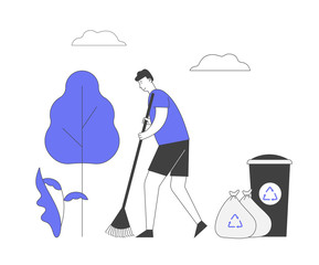 Ecology Protection Concept. Man Volunteer Sweeping Ground in Park Collecting Trash into Bags and Litter Bin with Recycling Sign. Nature Garbage Pollution. Cartoon Flat Vector Illustration, Line Art