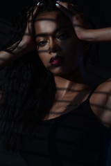 Portrait of sensual woman in black top with a striped shadow from the blinds