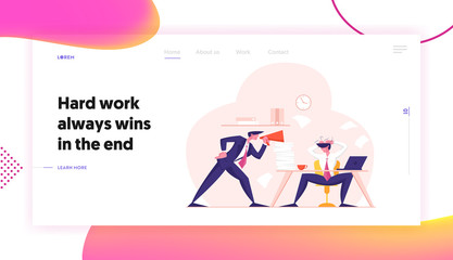Businessman in Stress Deadline Situation Website Landing Page. Angry Boss Yelling to Megaphone at Employee Office Worker Sitting at Desk with Documents Web Page Banner Cartoon Flat Vector Illustration