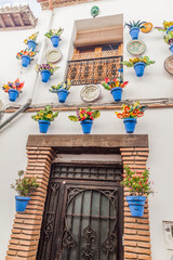 House decorated with blue flower pots in Granada, Spain