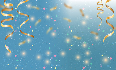 Blue festive background with gold ribbons. Design for Christmas, New year, birthday, anniversary and other holidays. Vector