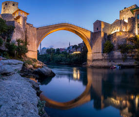 Mostar, Old bridge and old town in the evening