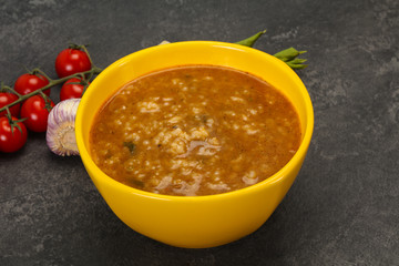 Caucasian Kharcho soup with beef meat