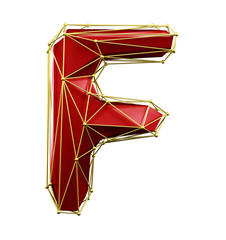 Capital latin letter F in low poly style red and gold color isolated on white background. 3d