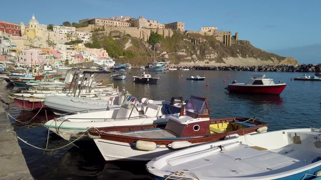 Colorful harbour in the beautiful island of Procida, near Napoli, Campania region, Italy. 