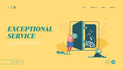 Deposit Box Concept Website Landing Page. Woman with Moneybox, Safe Deposit, Banking, Cash Bag, Money Savings Concept