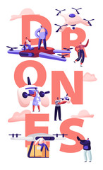 Drone Futuristic Technology Mail Service Concept. People Control Quadcopters Shipping Parcel, Deliver Box to Consumer. Express Delivery Poster Banner Flyer Brochure. Cartoon Flat Vector Illustration