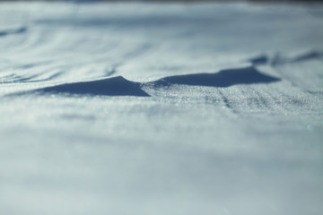 Snow-white snow and the earth sheltered by it. Countryside and snowfall. Winter dunes and mountains of snowflakes. Stock background.