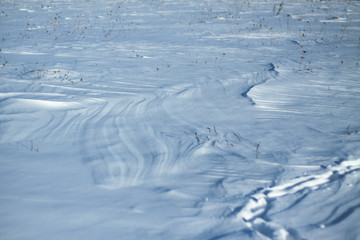 Snow-white snow and the earth sheltered by it. Countryside and snowfall. Winter dunes and mountains of snowflakes. Stock background.