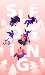 Sledding Concept. Happy People Friends Company Performing Leisure Outdoor Activities Riding Downhill by Sleds and Tubing. Winter Holidays Poster Banner Flyer Brochure. Cartoon Flat Vector Illustration