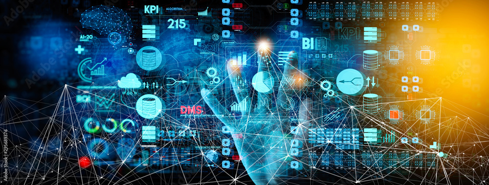 Poster Business data analytics process management with businesswoman hand touching connected gear cogs with KPI financial charts and graph and automated marketing dashboard.
