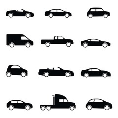 Cars icons set. Vector black illustration isolated on white background.
