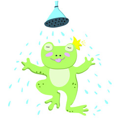 Flat illustration with character. Cute green frog taking a shower, dancing and having fun on white background