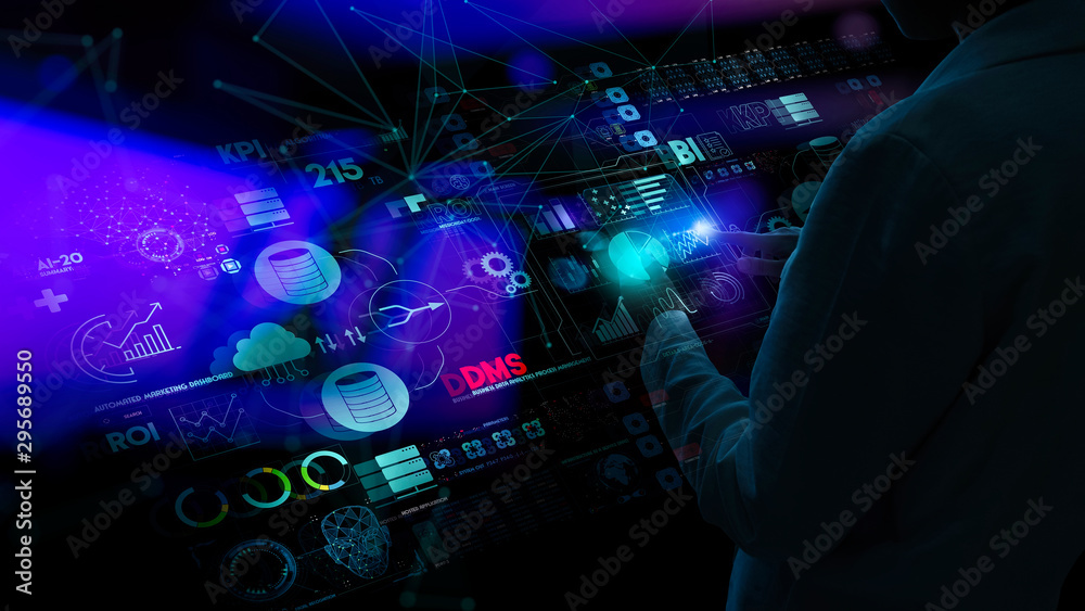Poster Business data analytics process management with businesswoman hand touching connected gear cogs with KPI financial charts and graph and automated marketing dashboard.