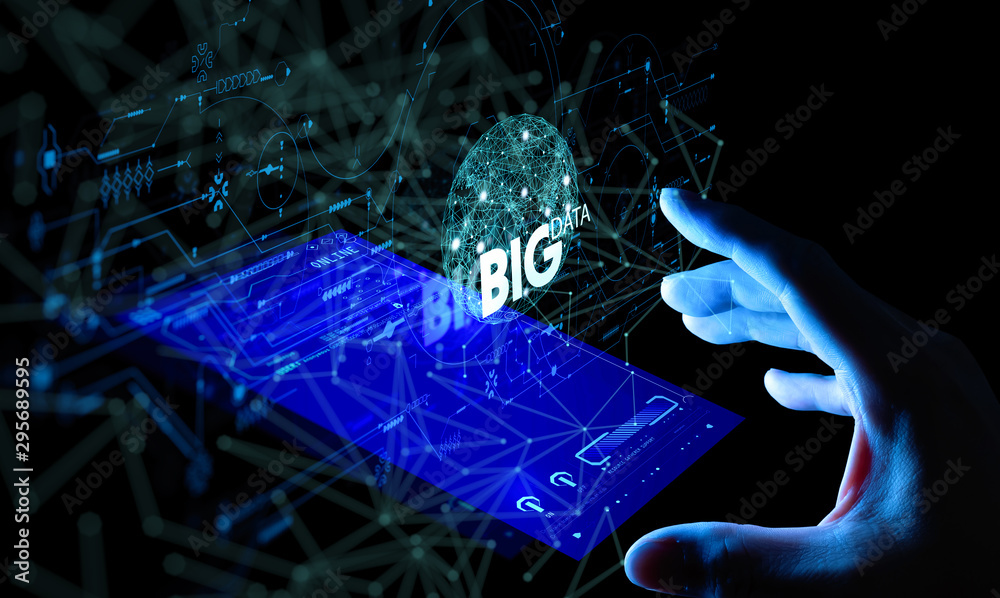 Fototapete Big data world and globe smart pohone ui with hand selecting and pressing Big Data symbol and modern interface.