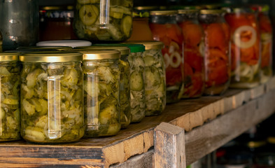 Stock of canned vegetables in the cellar