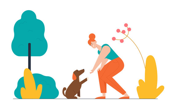 Happy Woman Playing with Dog on Street in Park Having Leisure. Female Character Spend Time with Domestic Animal. Dog Giving Paw to Owner, Friendship Lifestyle Relation Cartoon Flat Vector Illustration