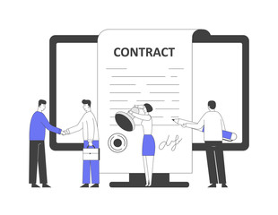Business People Make a Deal Agreement, Shaking Hands, Checking and Signing Contract. Characters Standing at Pc Screen with Seal Stamp and Pen for Signature. Cartoon Flat Vector Illustration, Line Art